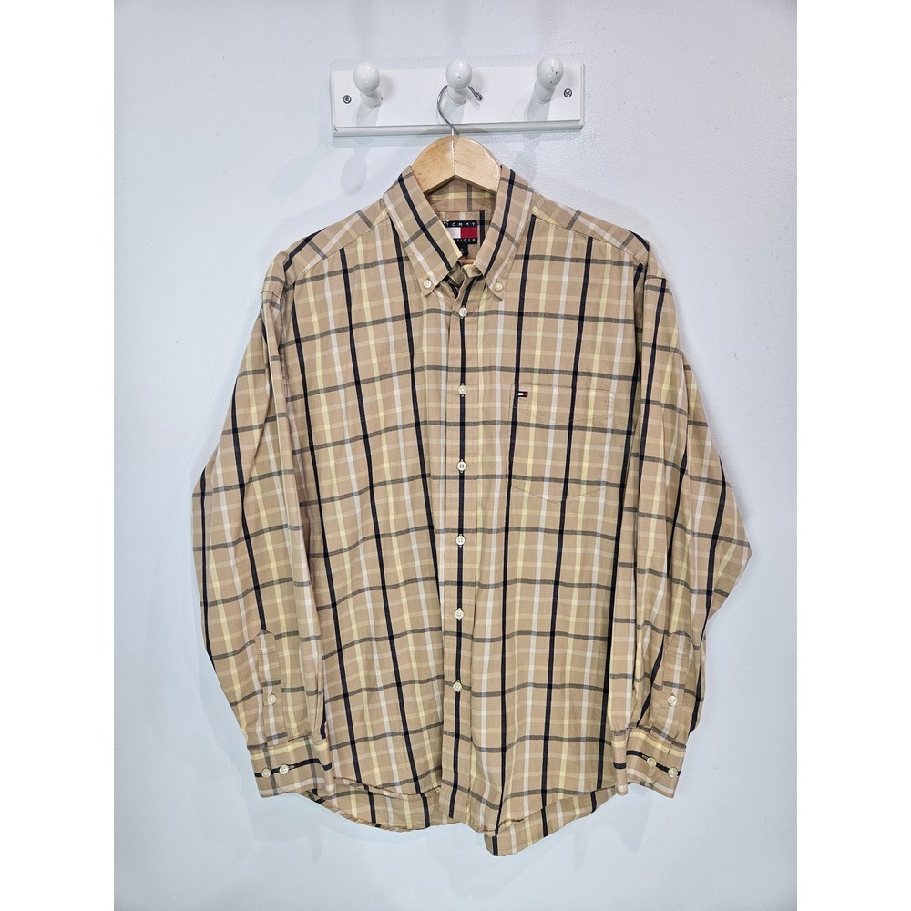 Tommy Hilfiger Mens Large Tan Plaid Long Sleeve Button Down Cotton Shirt Logo
